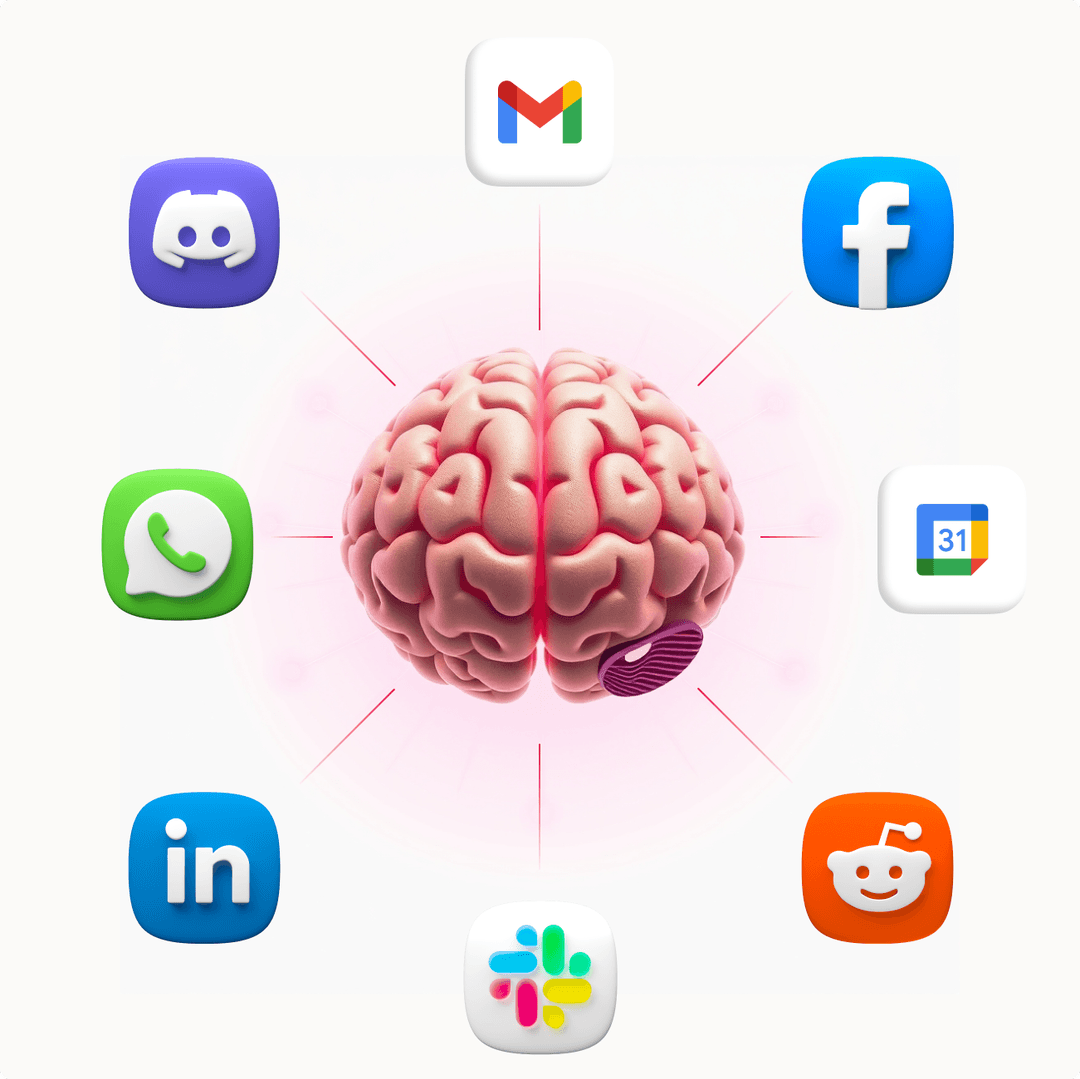 Icons of popular business apps connected to a central AI brain