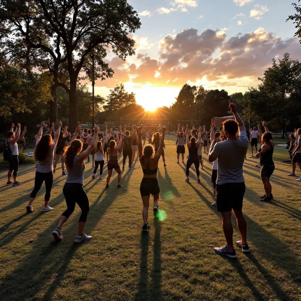 A diverse group engaged in outdoor gym session by the sunset