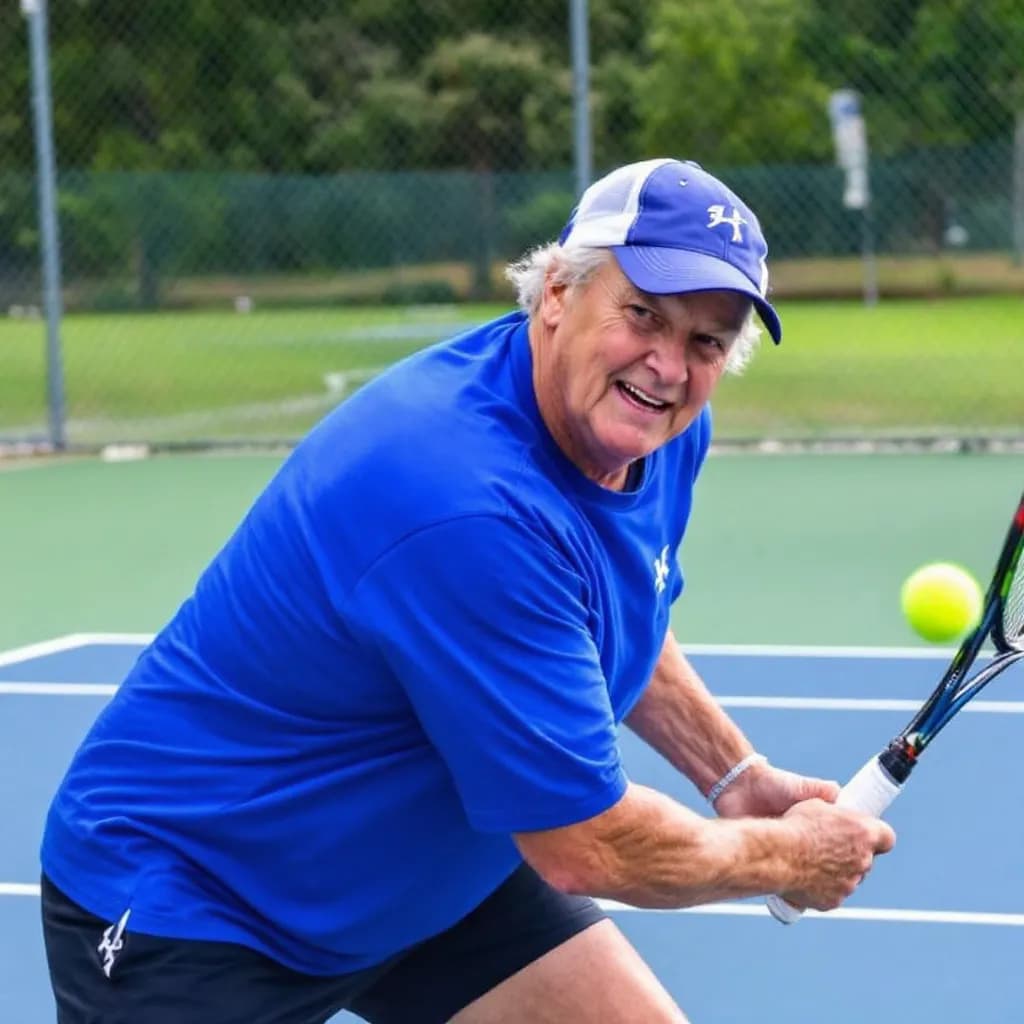 Seniors playing doubles tennis